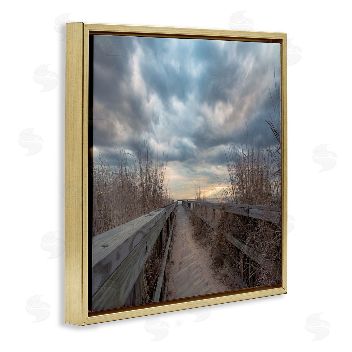 Pat DeLuca Cloudy Coastal Boardwalk View Gold Floating Frame Canvas Wall Art Print