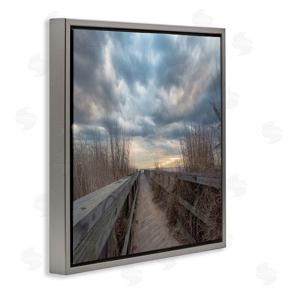 Pat DeLuca Cloudy Coastal Boardwalk View Gray Floating Frame Canvas Wall Art Print