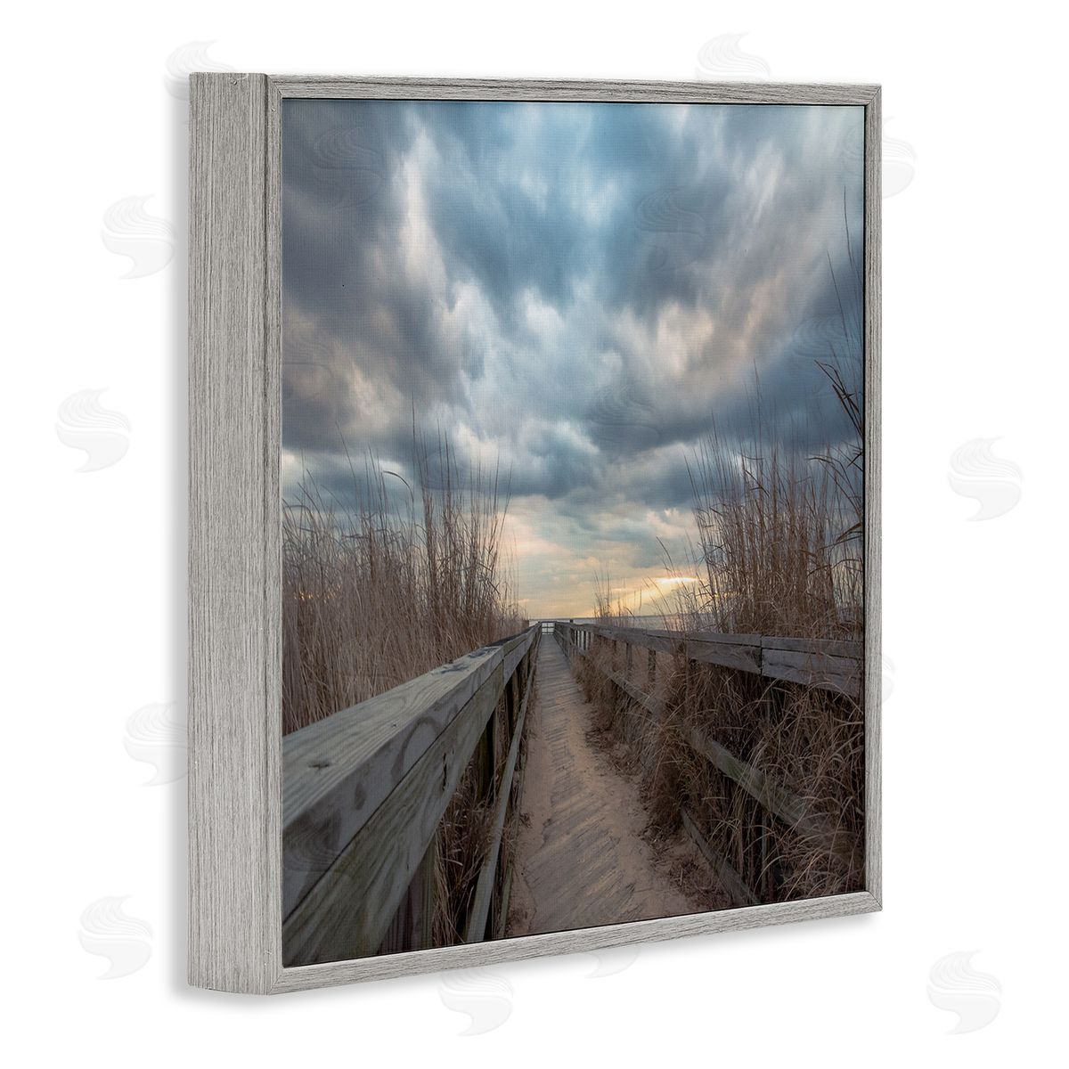 Pat DeLuca Cloudy Coastal Boardwalk View Gray Framed Glicee Wall Art Print