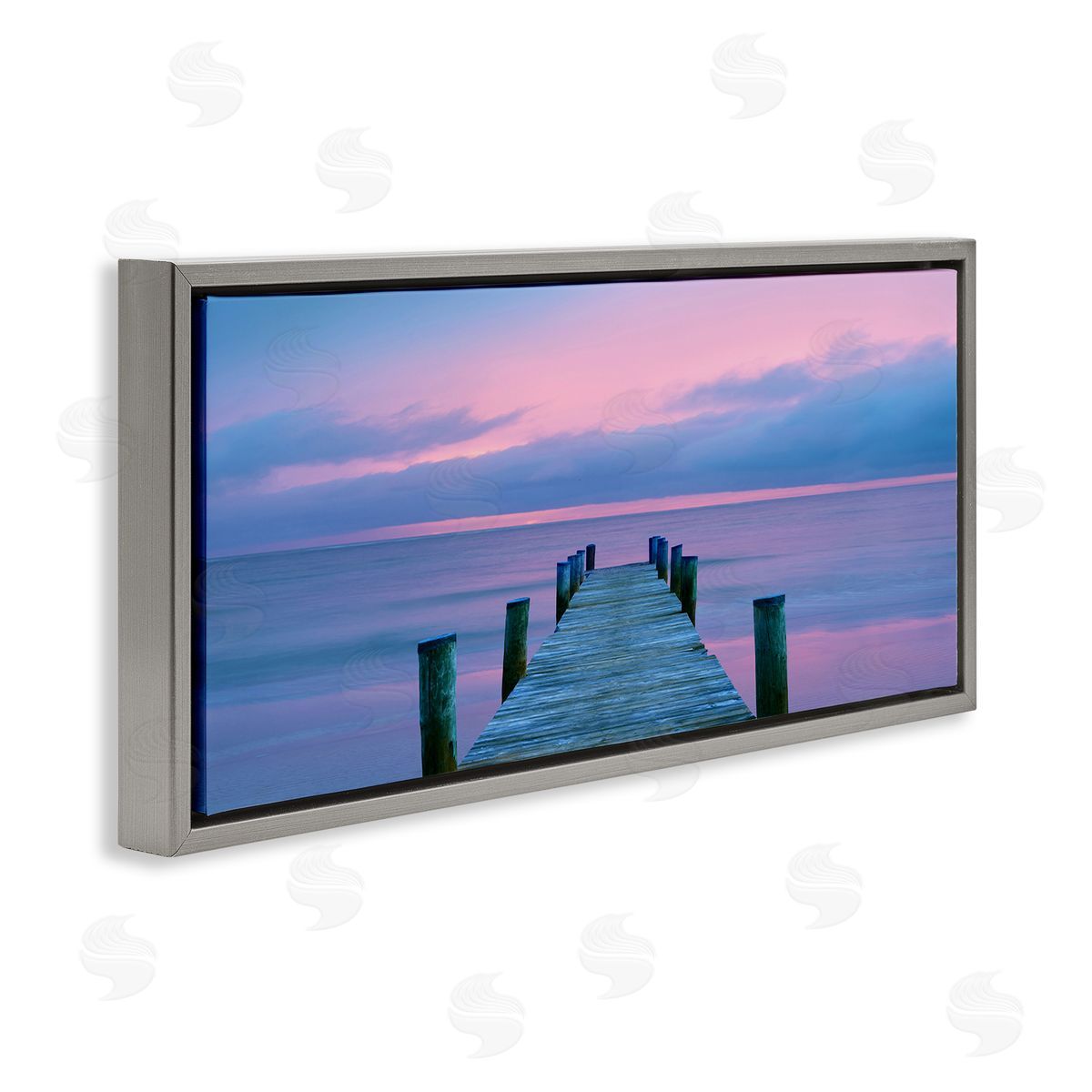 Dock at Sunset Horizon Grey Floating Frame Canvas Wall Art, Home Decor by Jack Reed