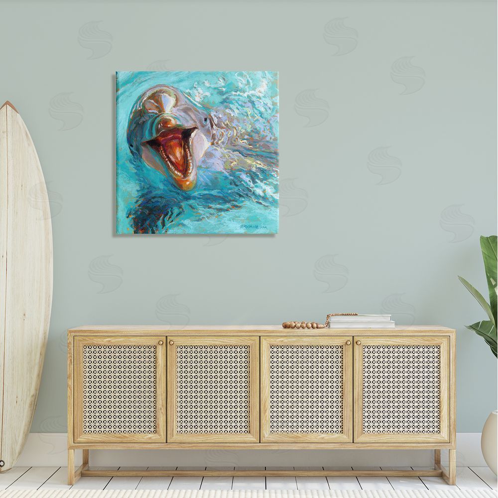 Rita Kirkman Smiling Dolphin Water Splash Canvas Wall Art in Room