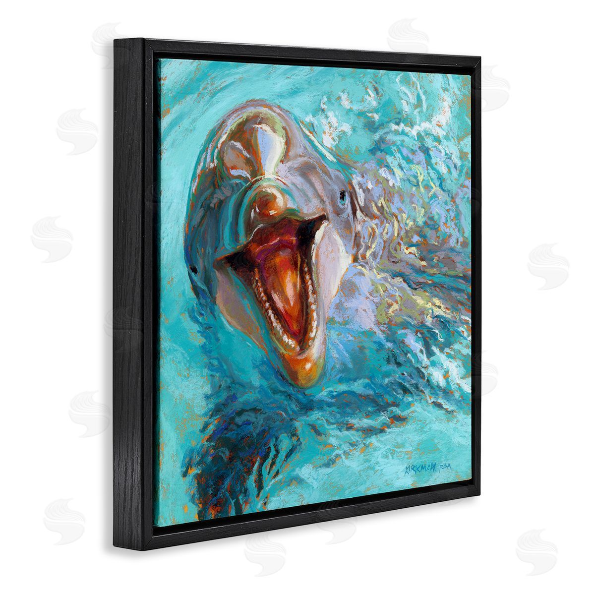 Rita Kirkman Smiling Dolphin Water Splash Black Floating Frame Canvas Wall Art Print