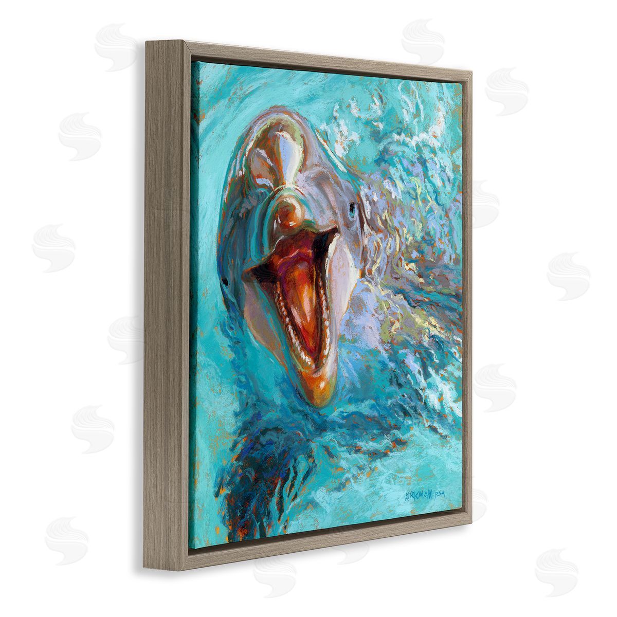 Rita Kirkman Smiling Dolphin Water Splash Brown Floating Frame Canvas Wall Art Print