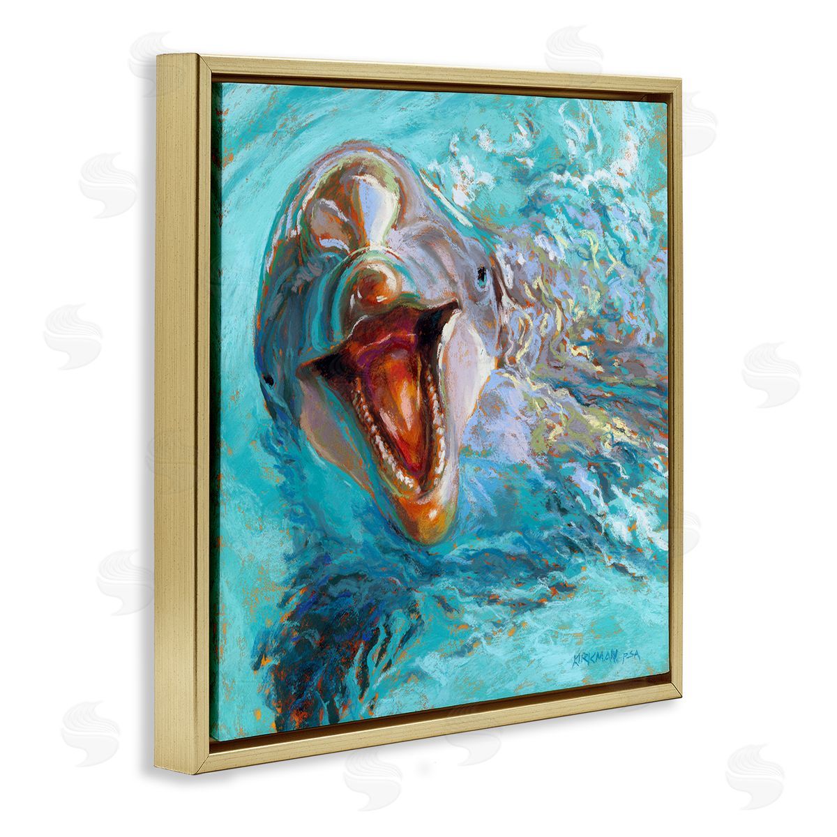 Rita Kirkman Smiling Dolphin Water Splash Gold Floating Frame Canvas Wall Art Print