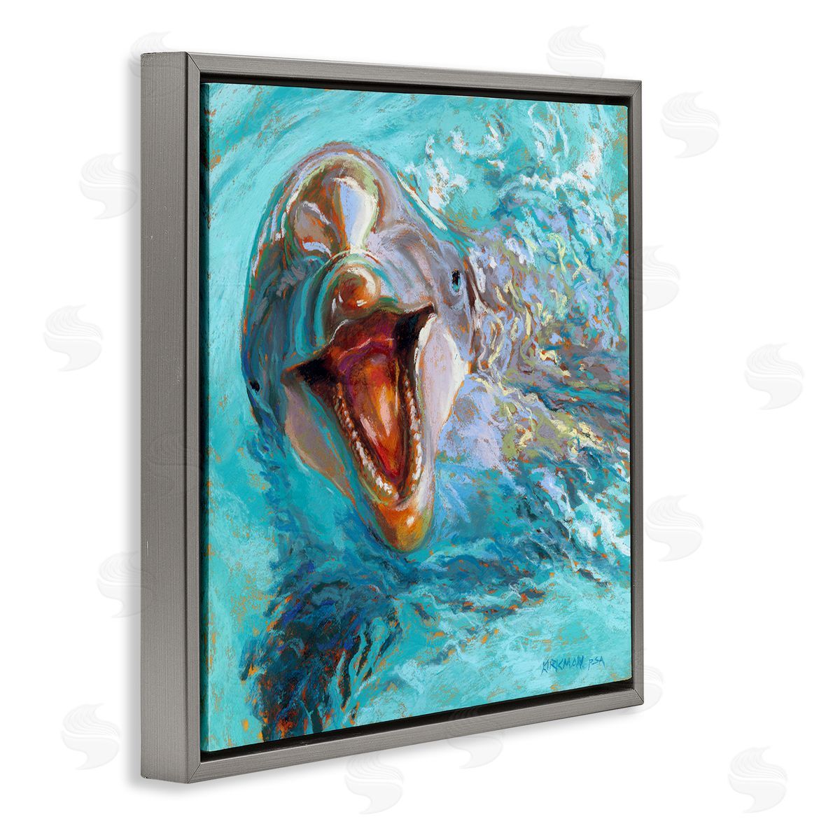 Rita Kirkman Smiling Dolphin Water Splash Gray Floating Frame Canvas Wall Art Print
