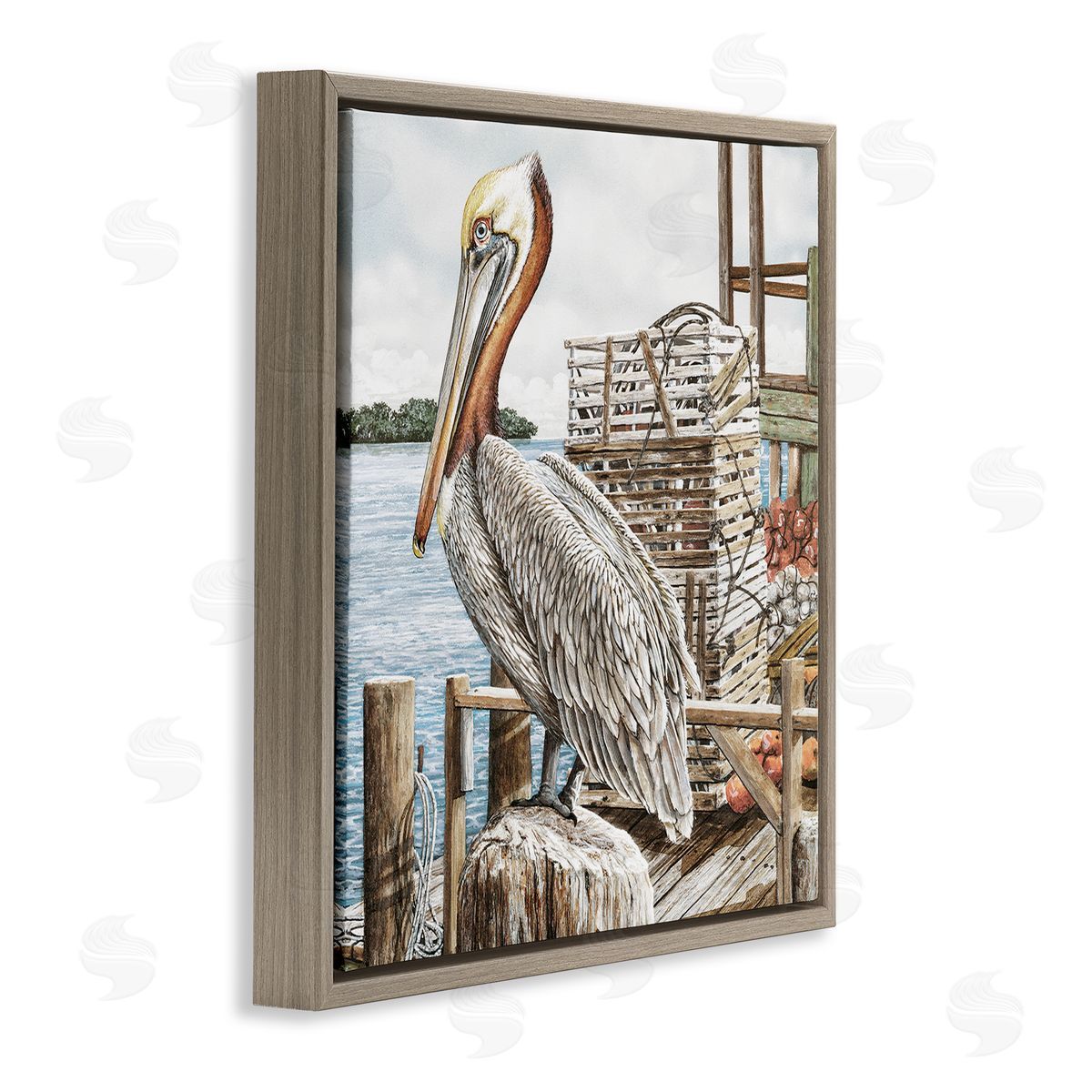Pelican Perched on Fishing Dock Brown Floating Frame Canvas Wall Art, Home Decor by James Harris