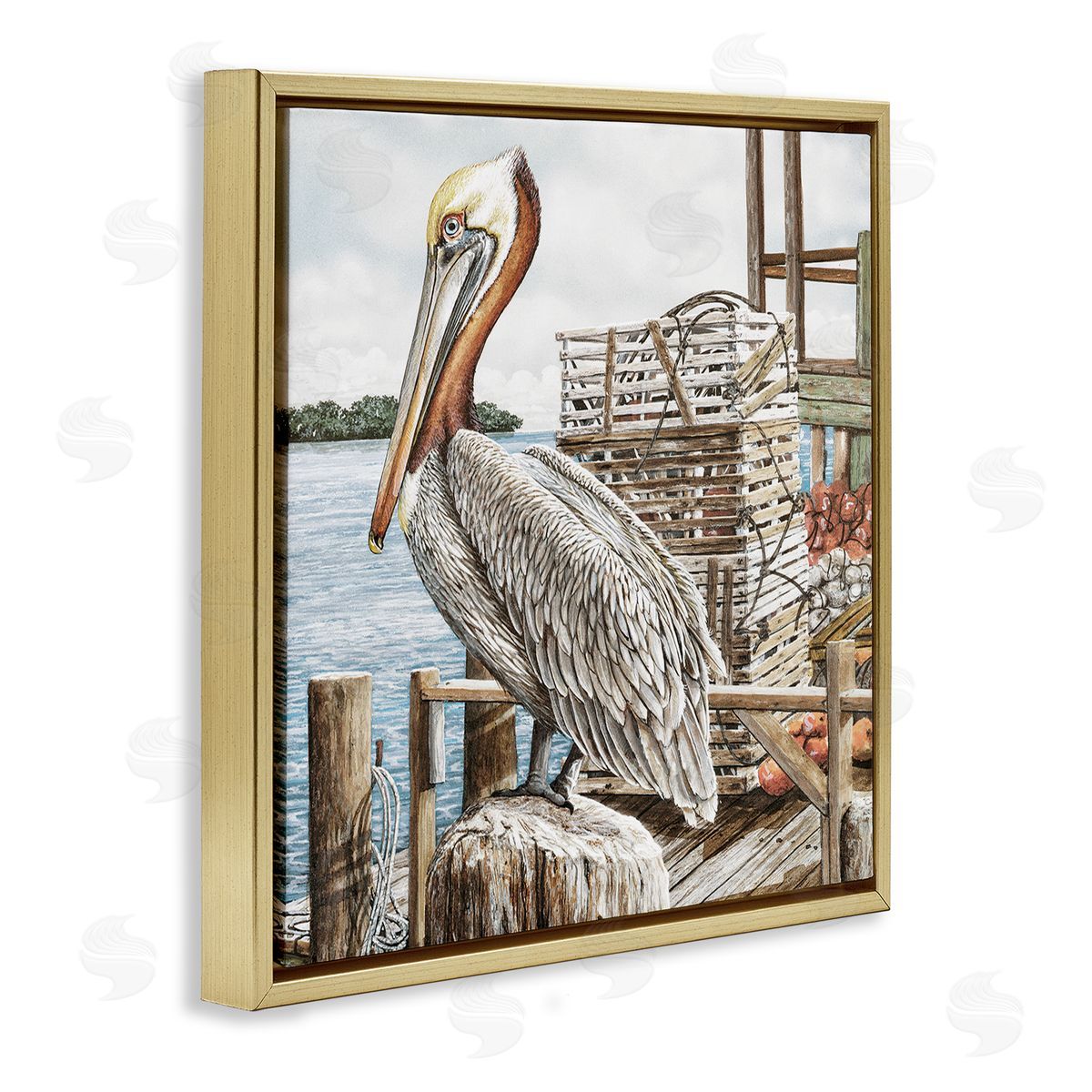 Pelican Perched on Fishing Dock Gold Floating Frame Canvas Wall Art, Home Decor by James Harris