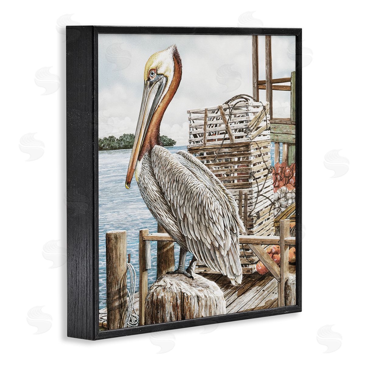 Pelican Perched on Fishing Dock Black Frame Print Wall Art, Home Decor by James Harris