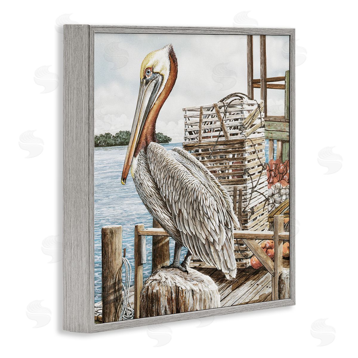 Pelican Perched on Fishing Dock Grey Frame Print Wall Art, Home Decor by James Harris