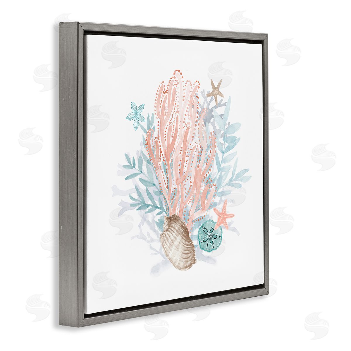Lanie Loreth Aquatic Coral Pattern Seashells Gray Floating Frame Canvas Wall Art Print