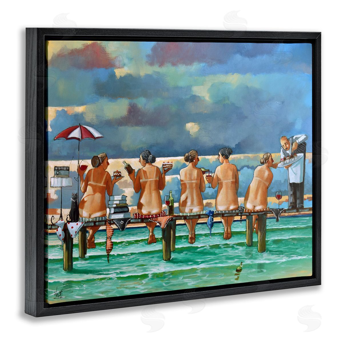 Women on Dock with Tan Lines Black Floating Frame Canvas Wall Art, Home Decor by Ronald West