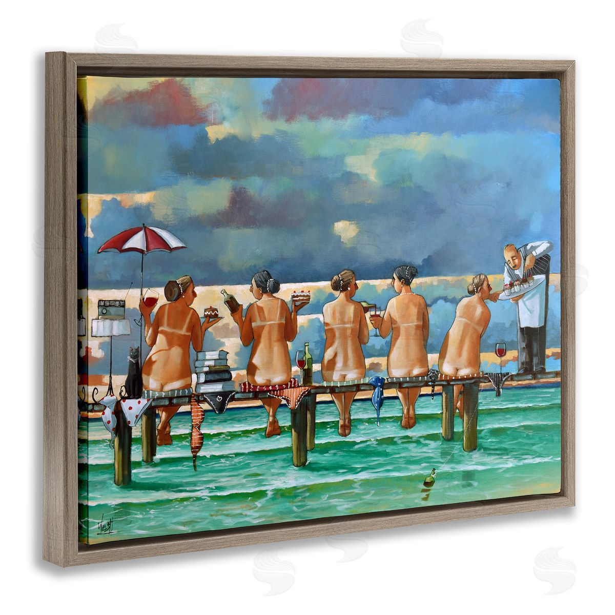 Women on Dock with Tan Lines Brown Floating Frame Canvas Wall Art, Home Decor by Ronald West