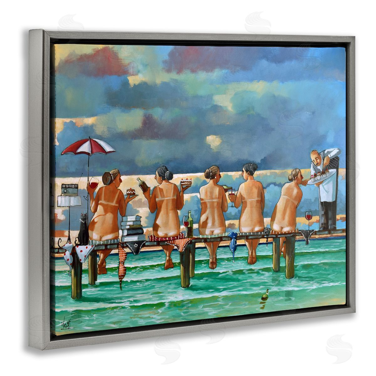 Women on Dock with Tan Lines Grey Floating Frame Canvas Wall Art, Home Decor by Ronald West