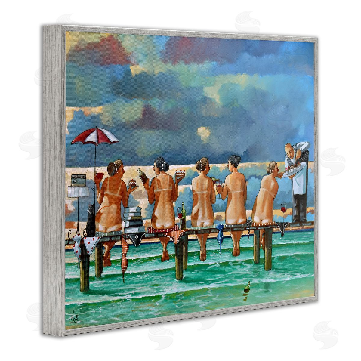 Women on Dock with Tan Lines Grey Frame Print Wall Art, Home Decor by Ronald West