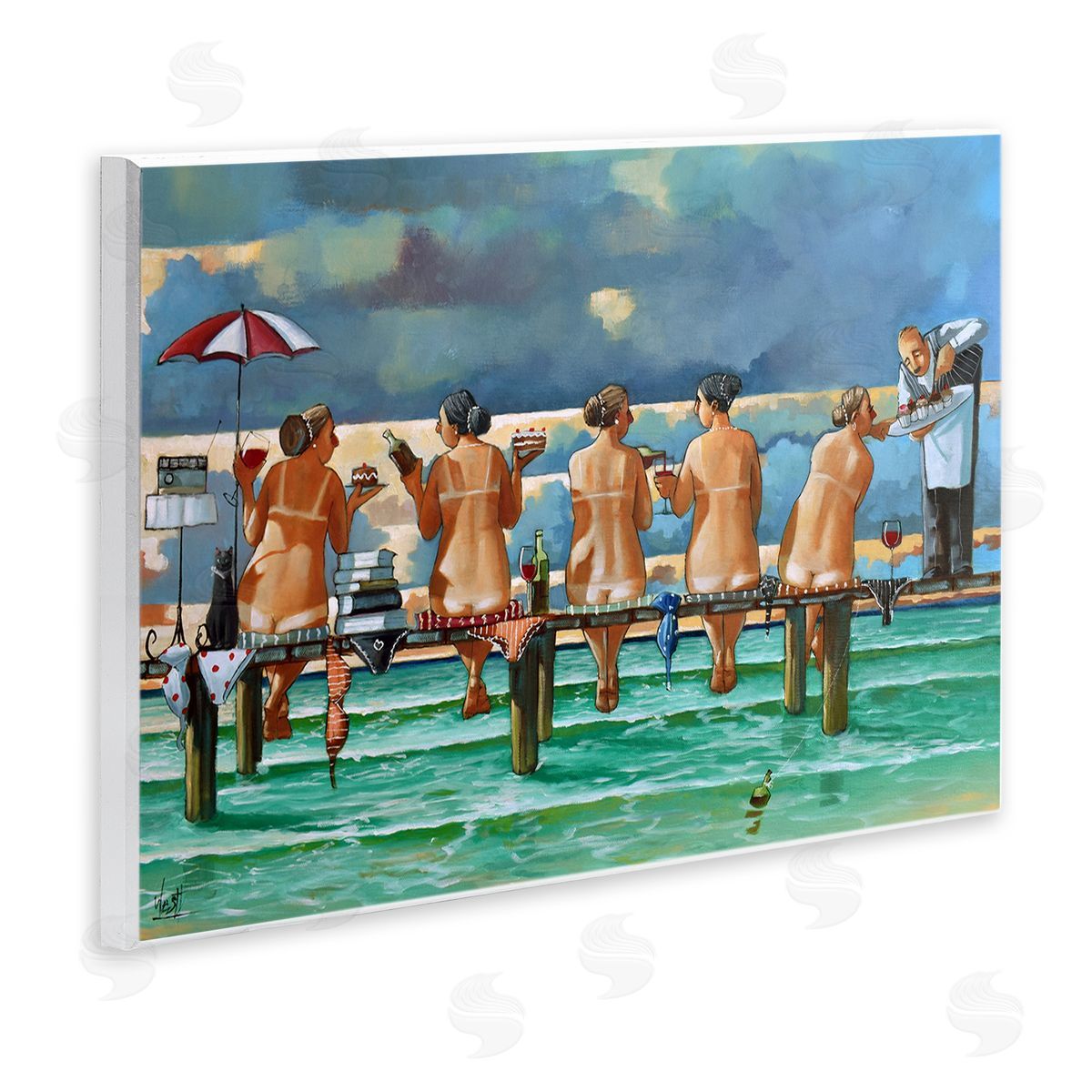 Women on Dock with Tan Lines Wood Plaque Wall Art, Home Decor by Ronald West