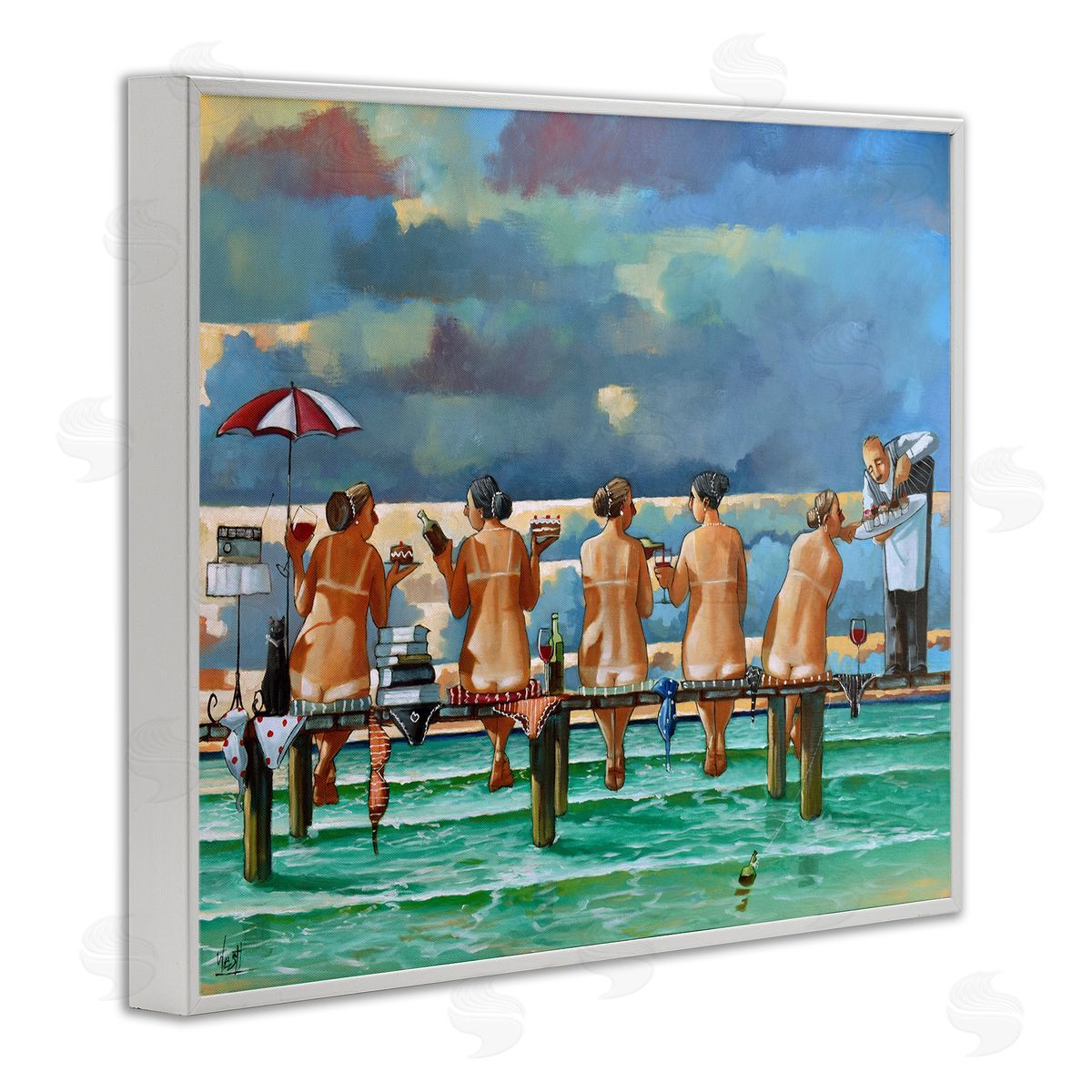 Women on Dock with Tan Lines White Frame Print Wall Art, Home Decor by Ronald West