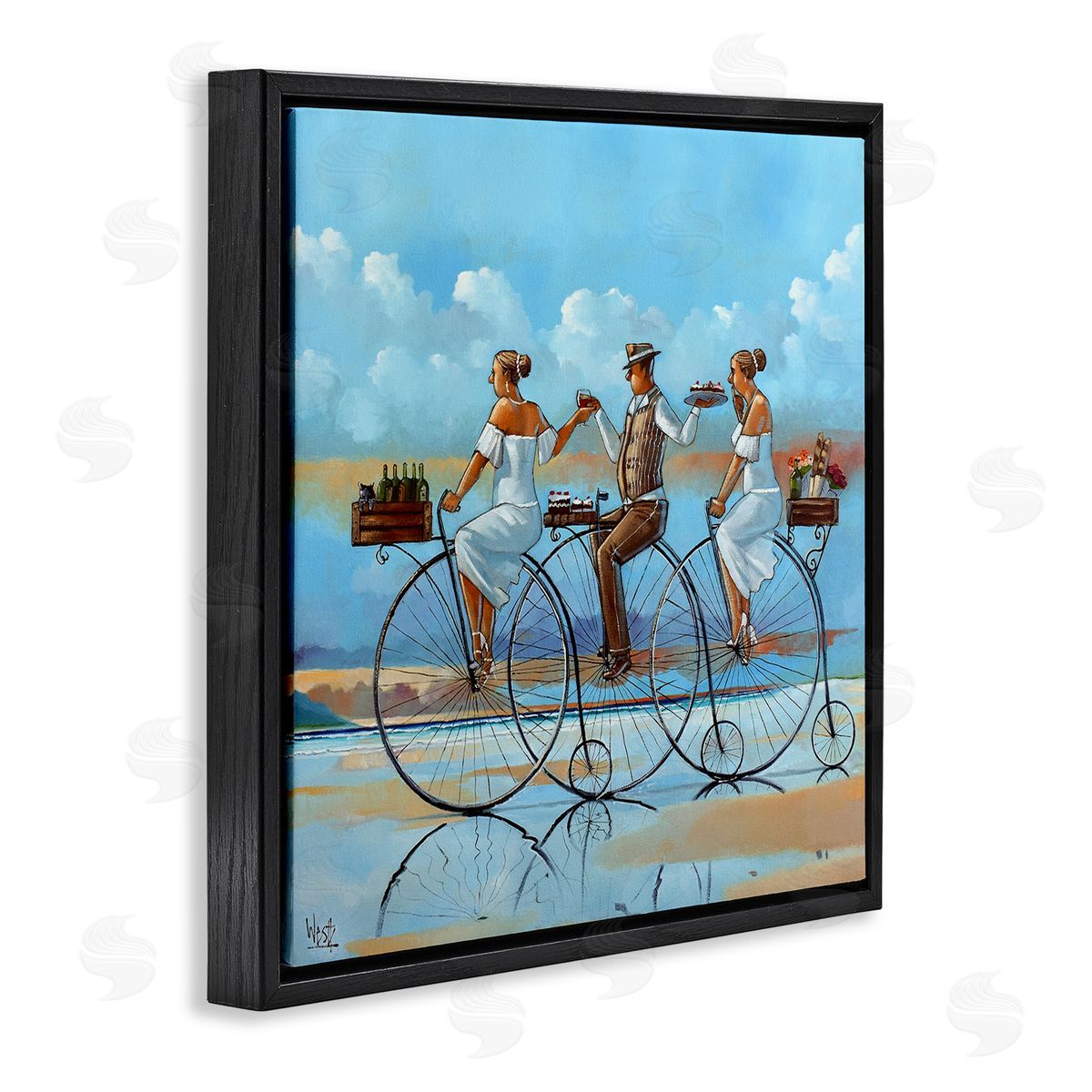 Ronald West Summer Shore Bicycle Ride  Black Floating Frame Canvas Wall Art Print