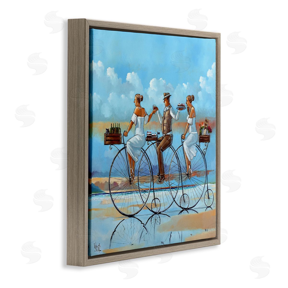 Ronald West Summer Shore Bicycle Ride  Brown Floating Frame Canvas Wall Art Print