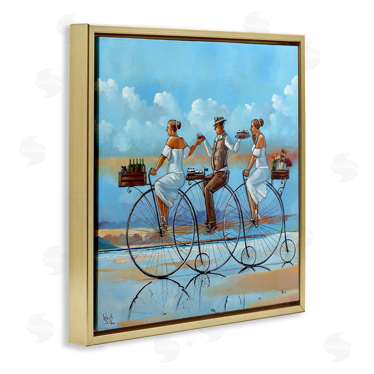 Ronald West Summer Shore Bicycle Ride  Gold Floating Frame Canvas Wall Art Print