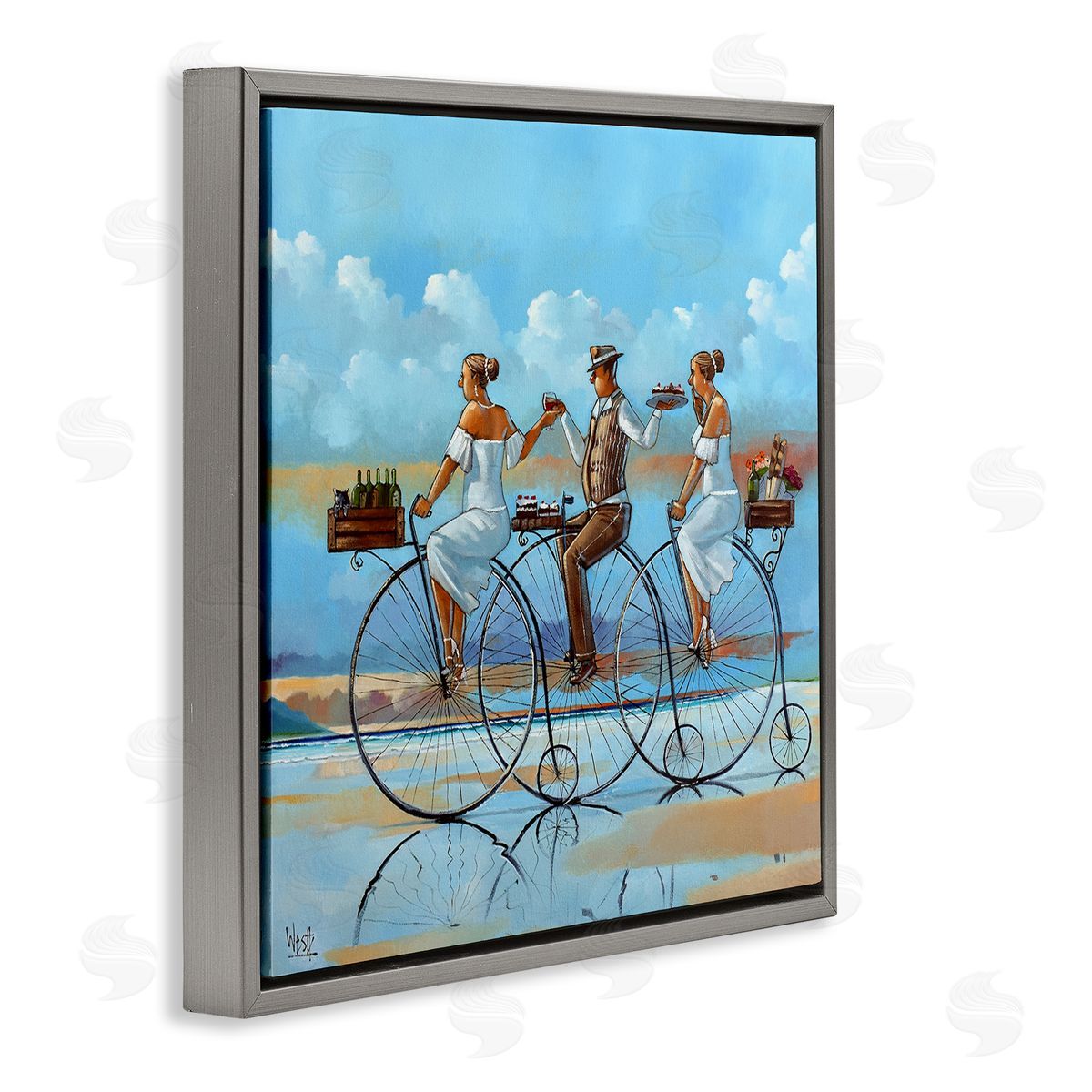Ronald West Summer Shore Bicycle Ride  Gray Floating Frame Canvas Wall Art Print
