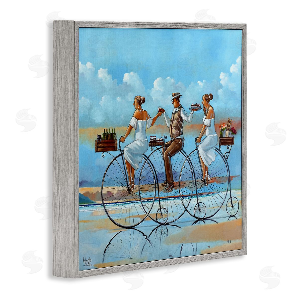 Ronald West Summer Shore Bicycle Ride  Gray Framed Glicee Wall Art Print