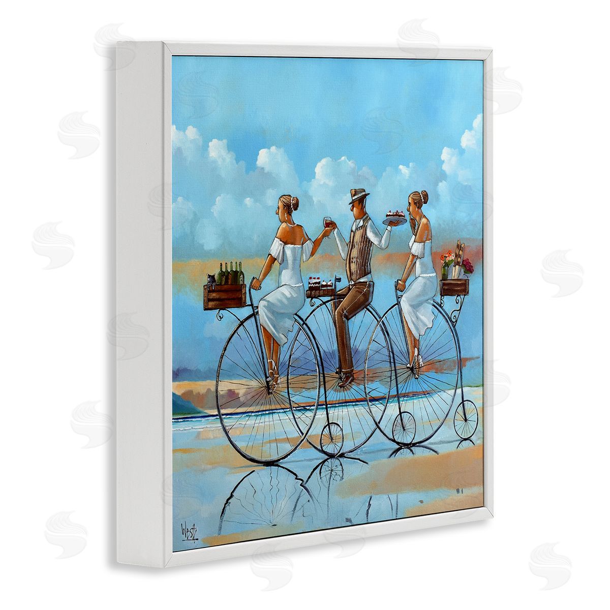 Ronald West Summer Shore Bicycle Ride  White Framed Glicee Wall Art Print
