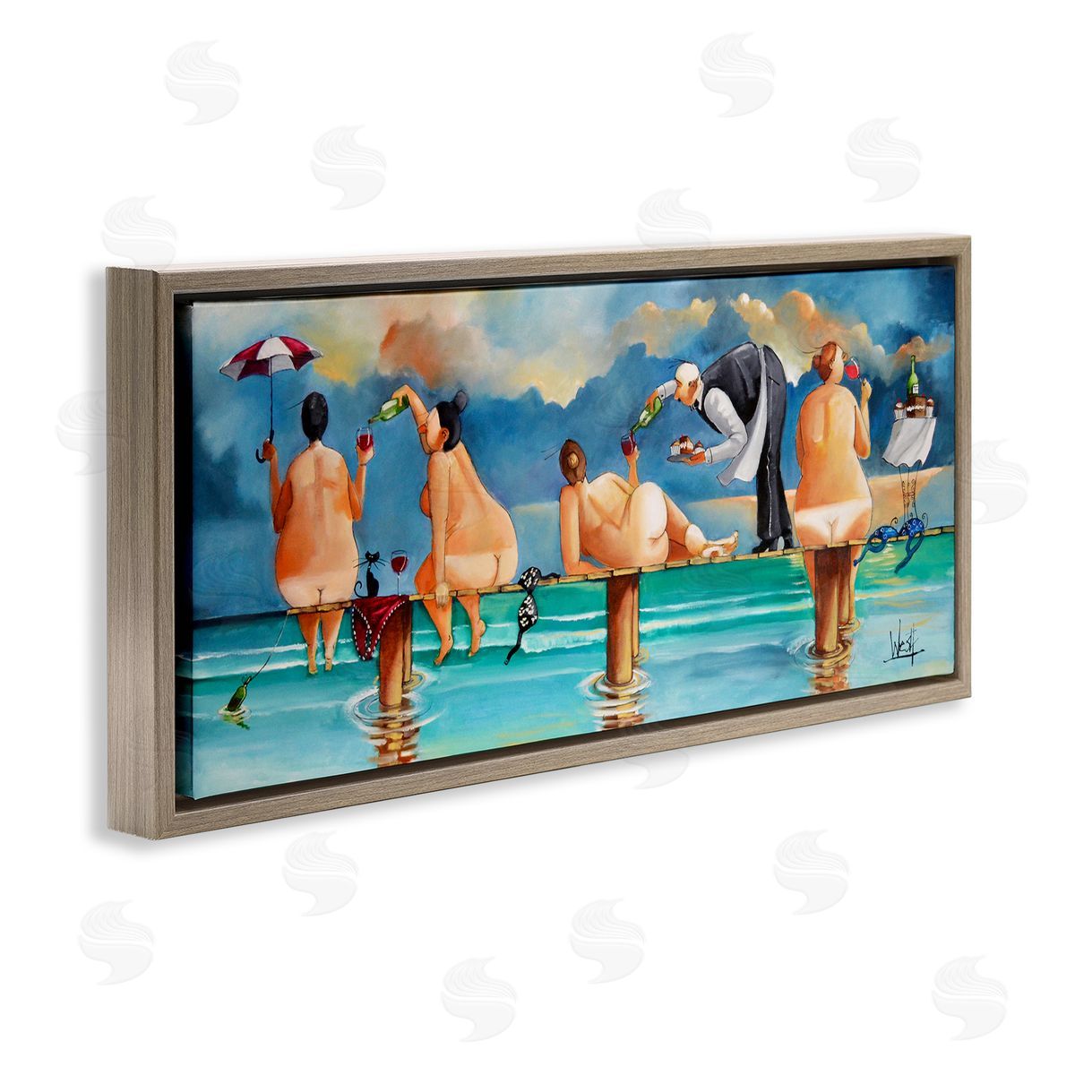 Nude Ladies Fun at Beach Brown Floating Frame Canvas Wall Art, Home Decor by Ronald West