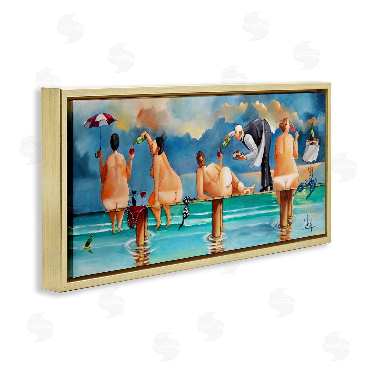 Nude Ladies Fun at Beach Gold Floating Frame Canvas Wall Art, Home Decor by Ronald West