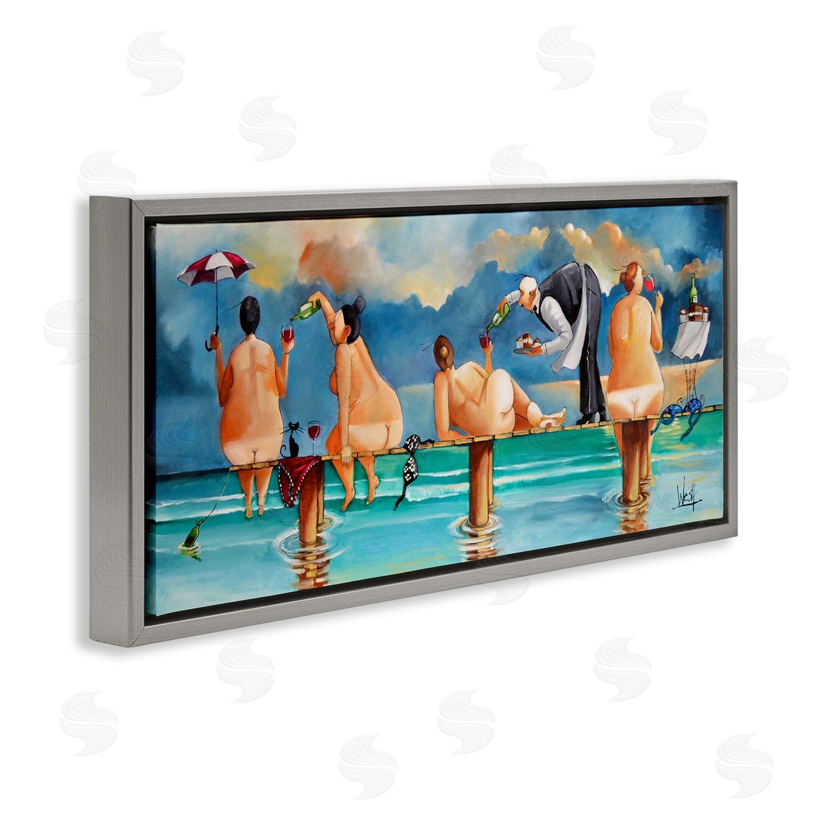 Nude Ladies Fun at Beach Grey Floating Frame Canvas Wall Art, Home Decor by Ronald West