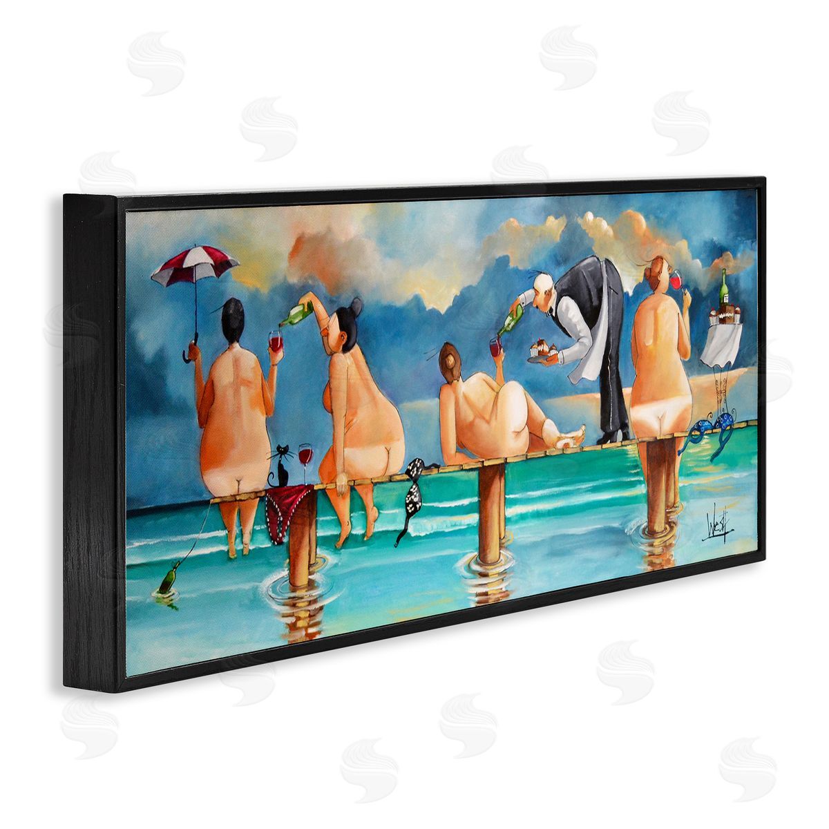 Nude Ladies Fun at Beach Black Frame Print Wall Art, Home Decor by Ronald West