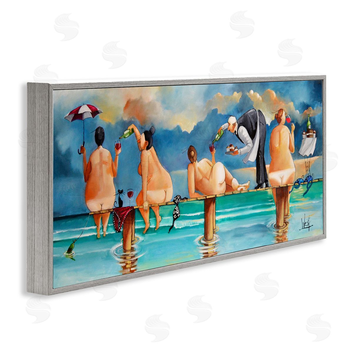 Nude Ladies Fun at Beach Grey Frame Print Wall Art, Home Decor by Ronald West