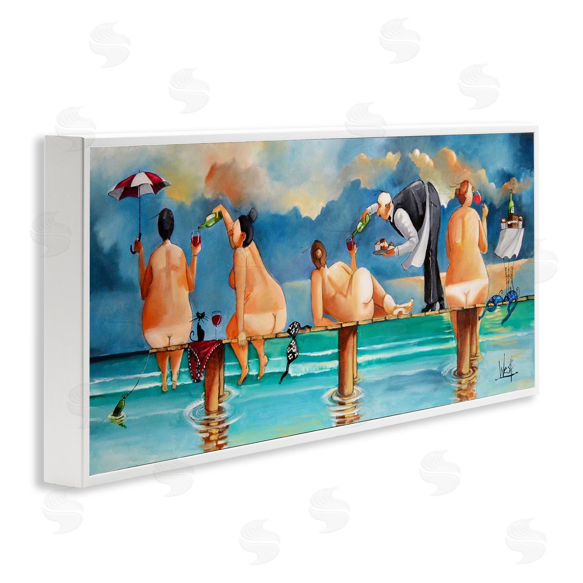 Nude Ladies Fun at Beach White Frame Print Wall Art, Home Decor by Ronald West