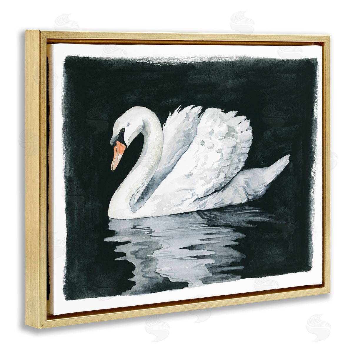 Beautiful Swan Black Reflection Gold Floating Frame Canvas Wall Art, Home Decor by Grace Popp