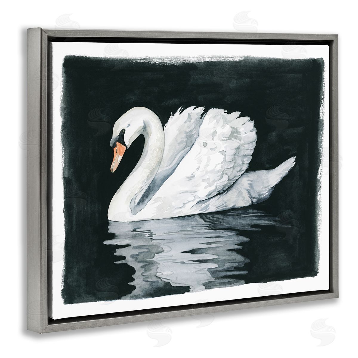 Beautiful Swan Black Reflection Grey Floating Frame Canvas Wall Art, Home Decor by Grace Popp