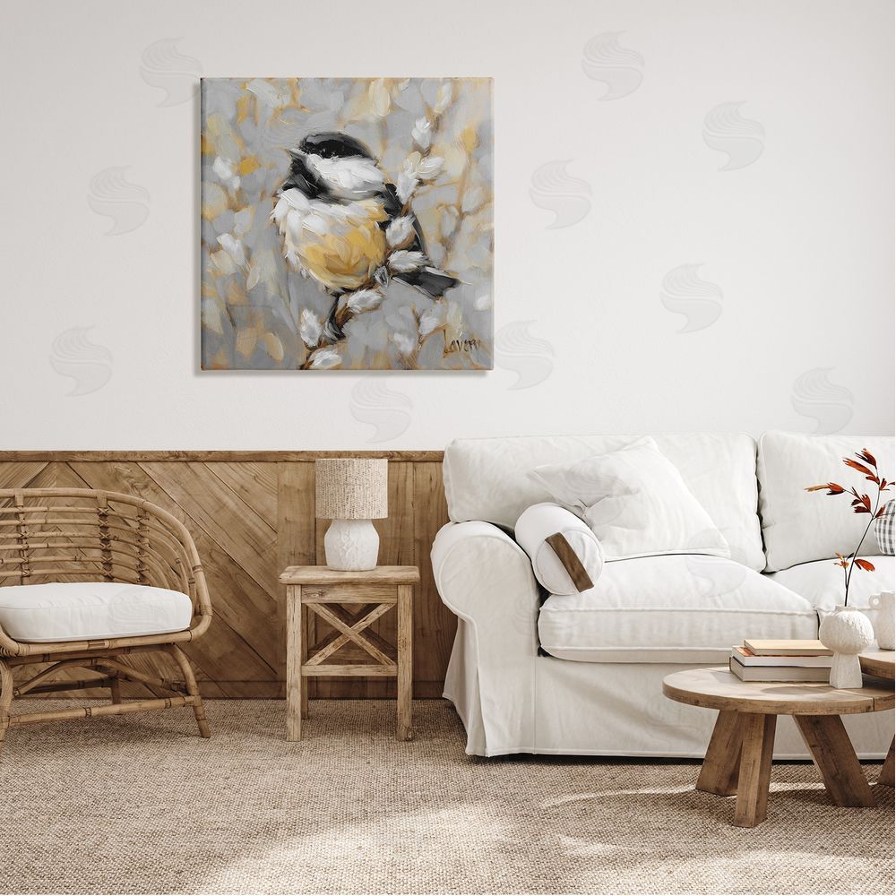 Andrea Lavery Bird Perched Pussy Willow Wildlife Canvas Wall Art in Room