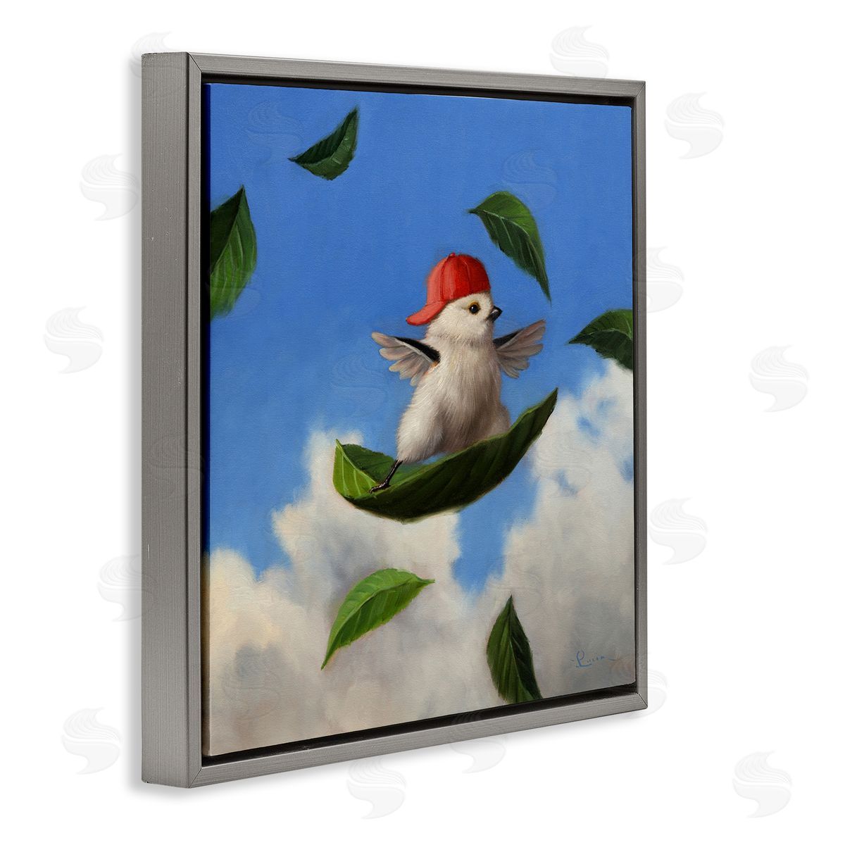 Lucia Heffernan Bird Leaf Surfing Windy Sky  Gray Floating Frame Canvas Wall Art Print
