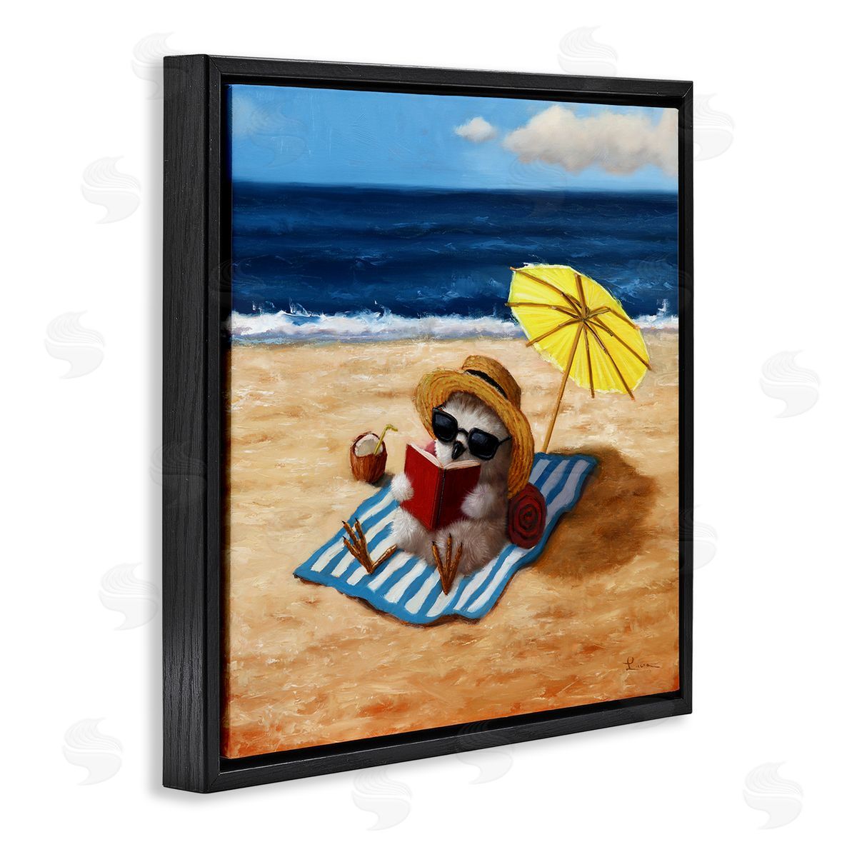 Lucia Heffernan Bird Sunbathing Reading Beach Black Floating Frame Canvas Wall Art Print