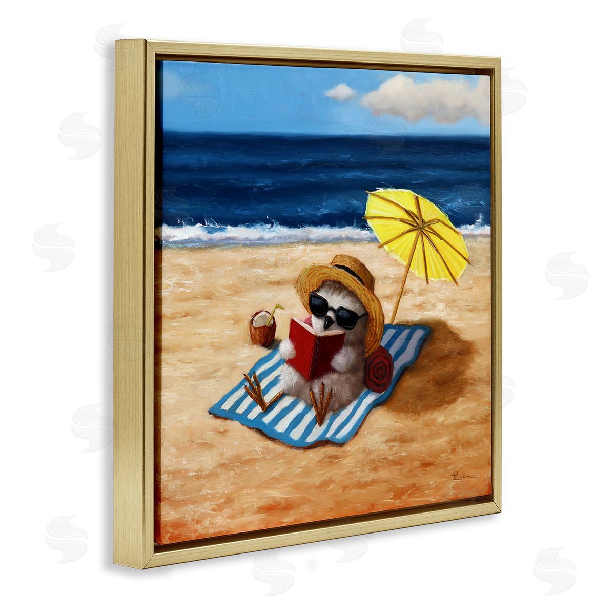 Lucia Heffernan Bird Sunbathing Reading Beach Gold Floating Frame Canvas Wall Art Print