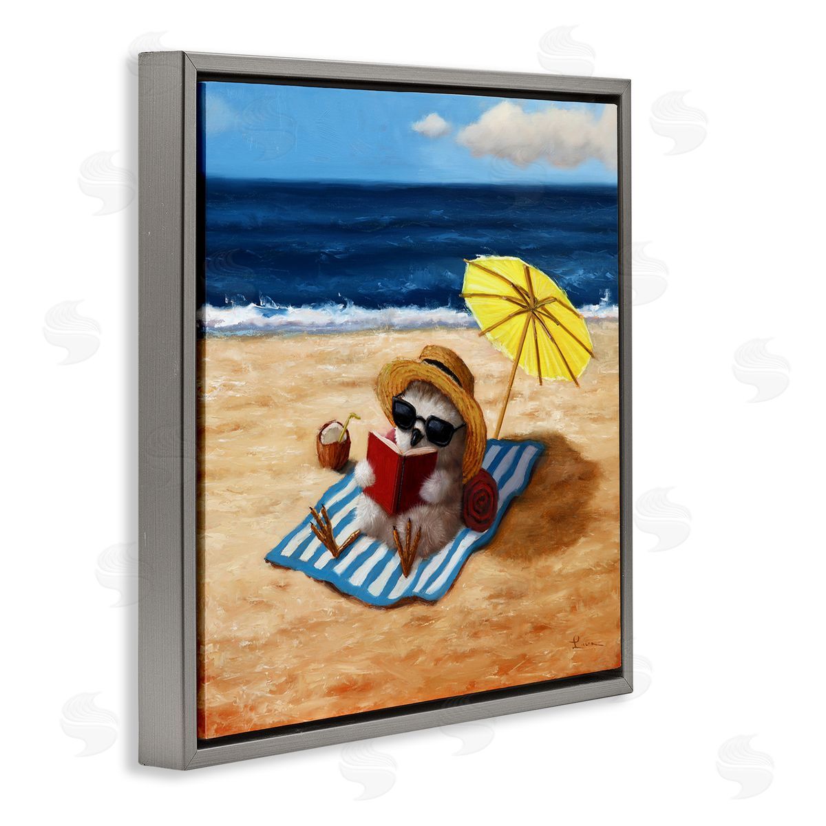 Lucia Heffernan Bird Sunbathing Reading Beach Gray Floating Frame Canvas Wall Art Print