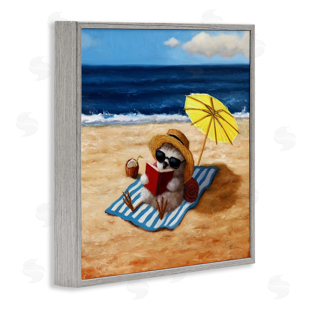 Lucia Heffernan Bird Sunbathing Reading Beach Gray Framed Glicee Wall Art Print