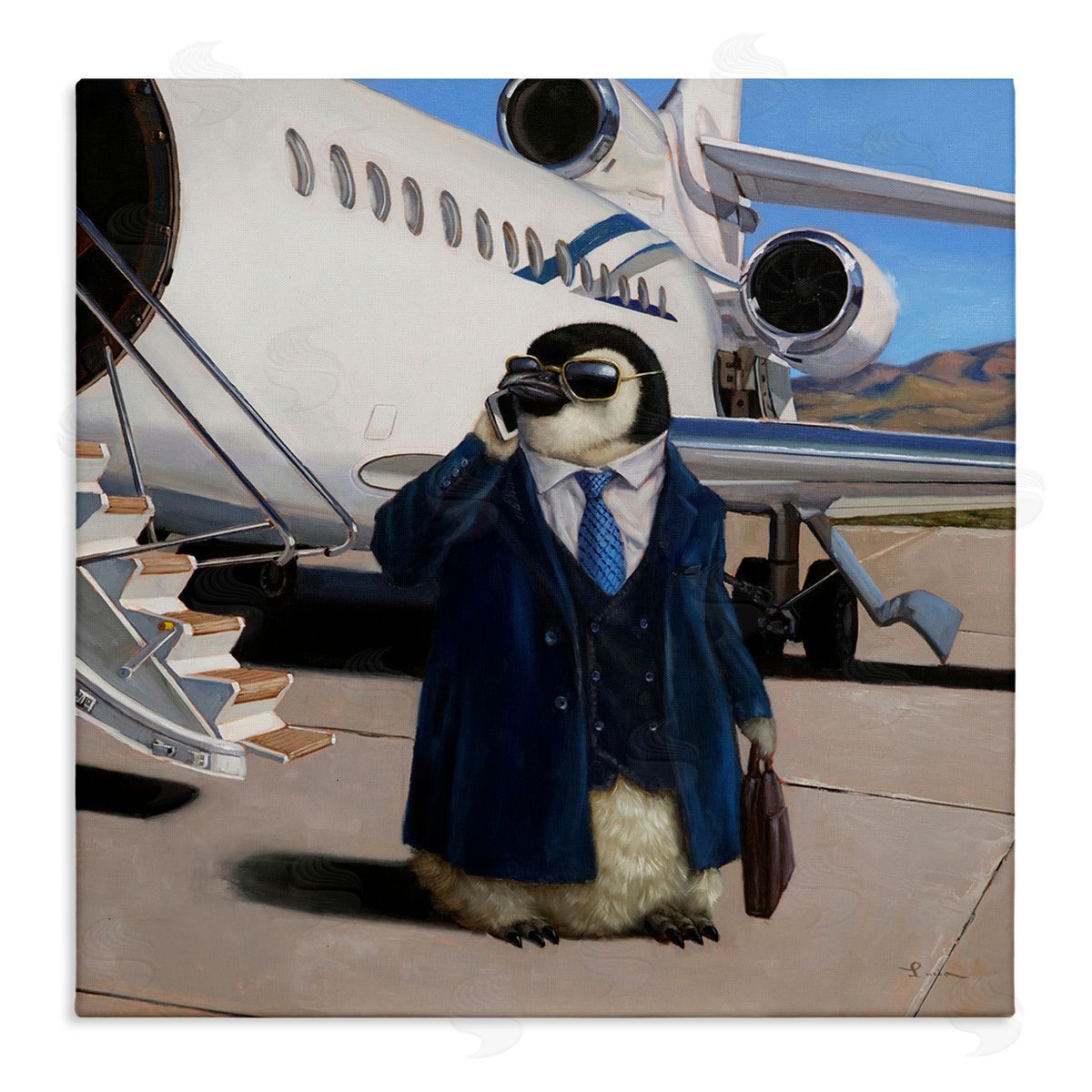Lucia Heffernan Penguin Businessman Suit Airplane Stretched Canvas Wall Art Print