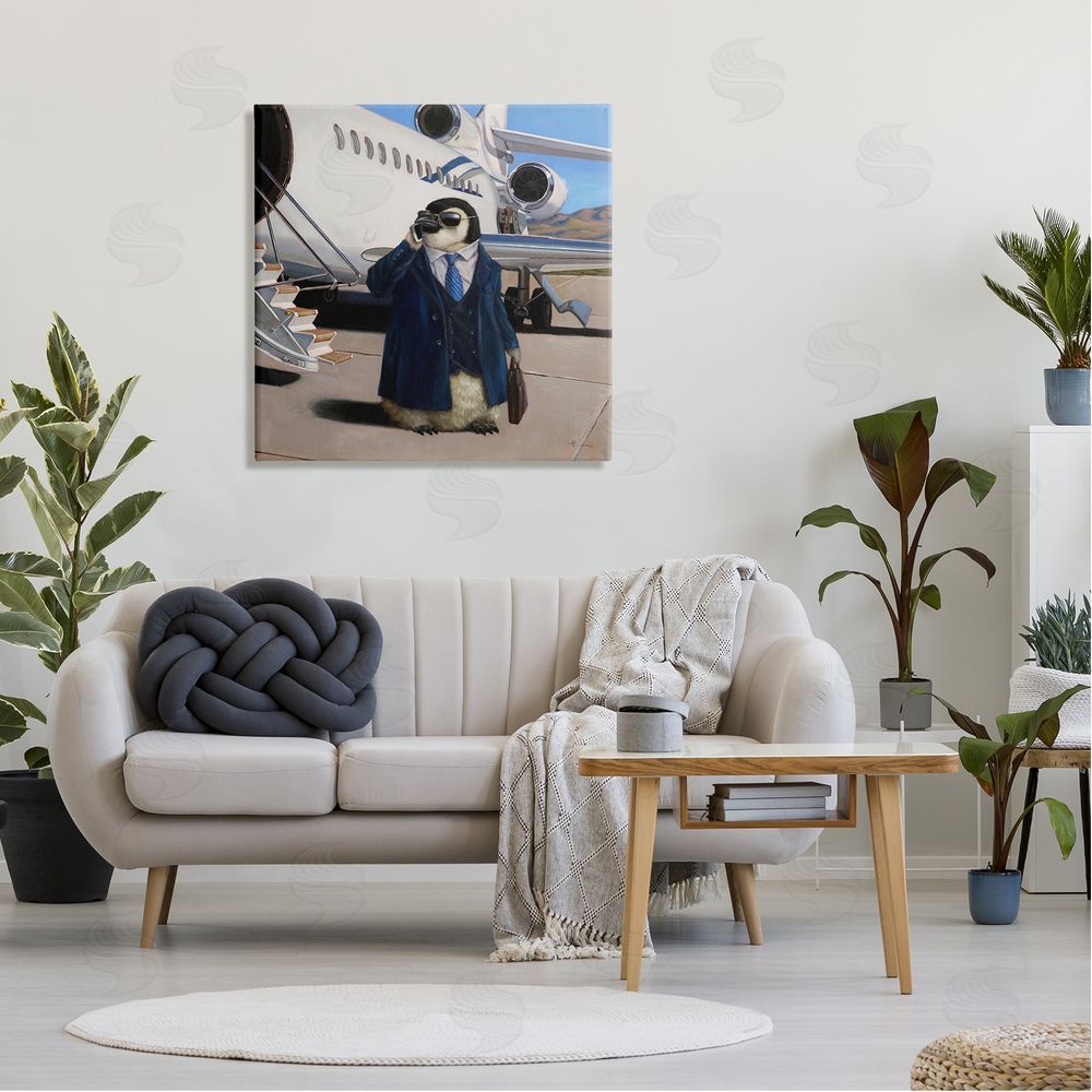 Lucia Heffernan Penguin Businessman Suit Airplane Canvas Wall Art in Room