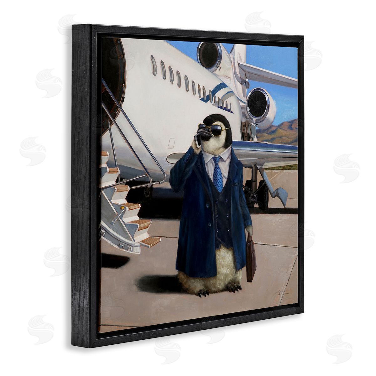 Lucia Heffernan Penguin Businessman Suit Airplane Black Floating Frame Canvas Wall Art Print