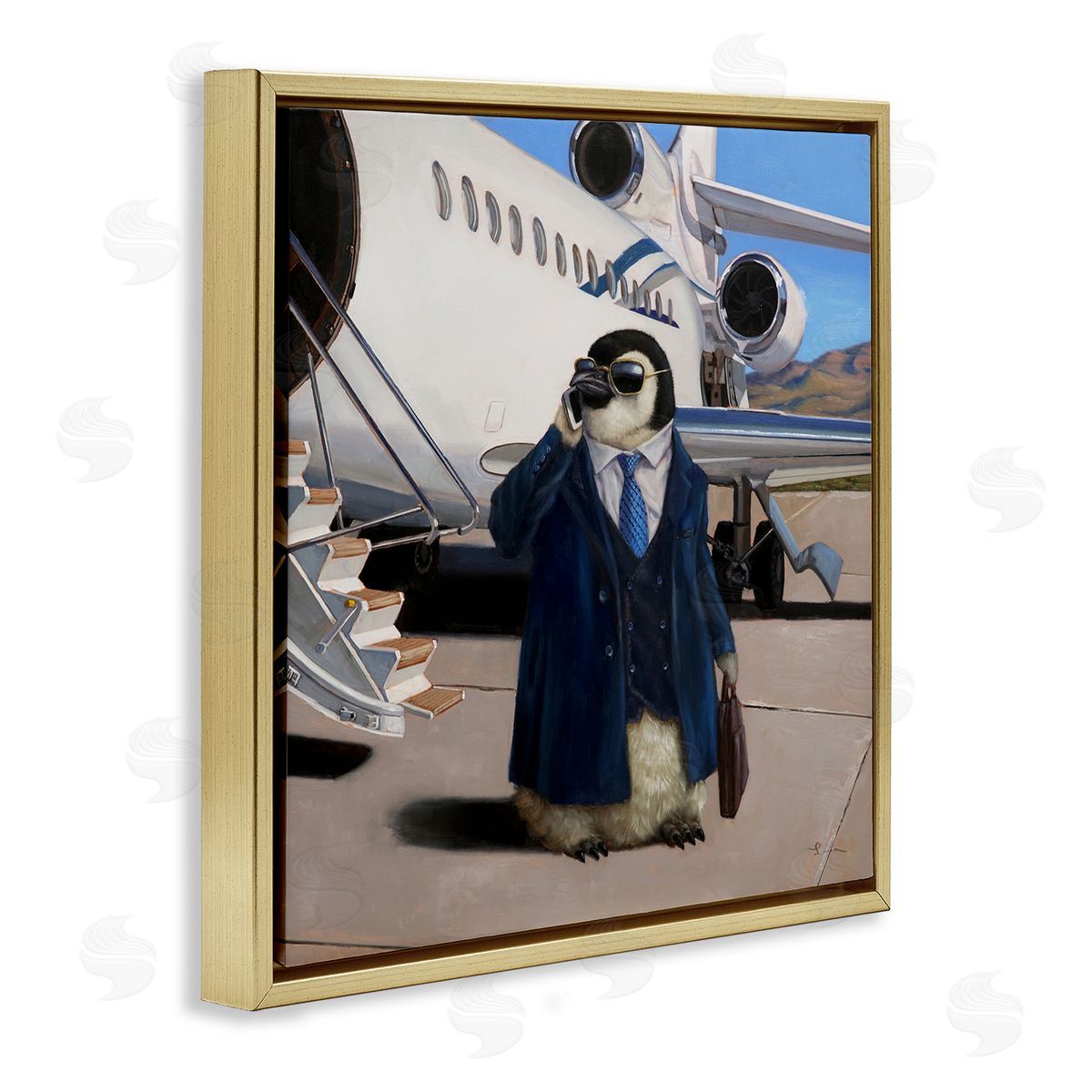 Lucia Heffernan Penguin Businessman Suit Airplane Gold Floating Frame Canvas Wall Art Print