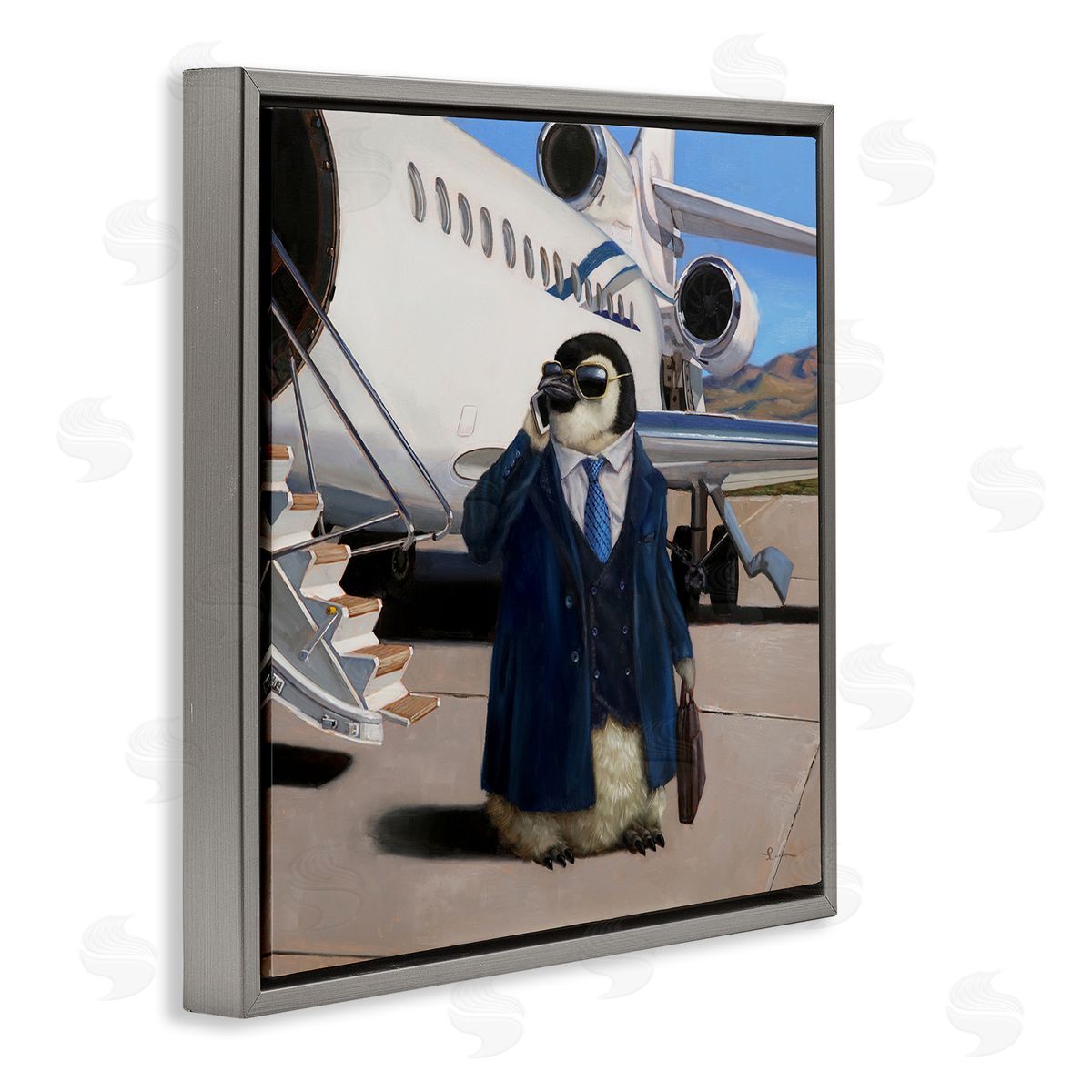 Lucia Heffernan Penguin Businessman Suit Airplane Gray Floating Frame Canvas Wall Art Print