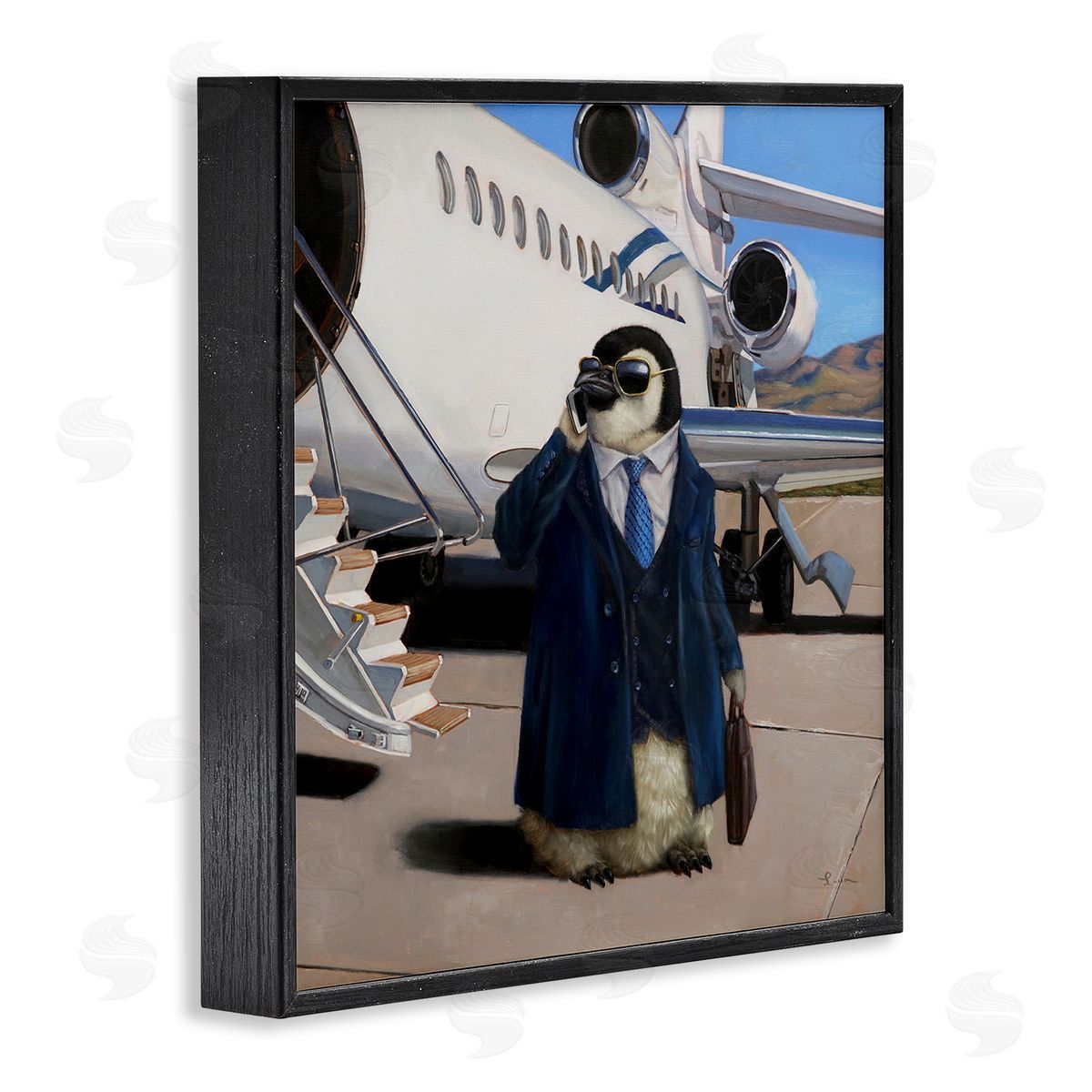 Lucia Heffernan Penguin Businessman Suit Airplane Black Framed Glicee Wall Art Print
