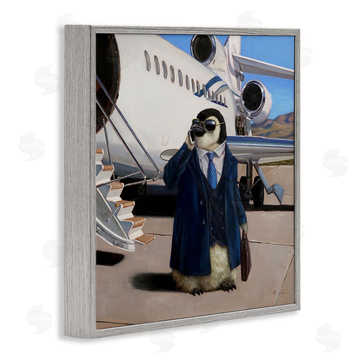 Lucia Heffernan Penguin Businessman Suit Airplane Gray Framed Glicee Wall Art Print