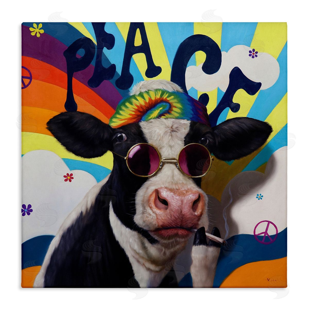 Lucia Heffernan Peace 70s Hippie Cow  Stretched Canvas Wall Art Print