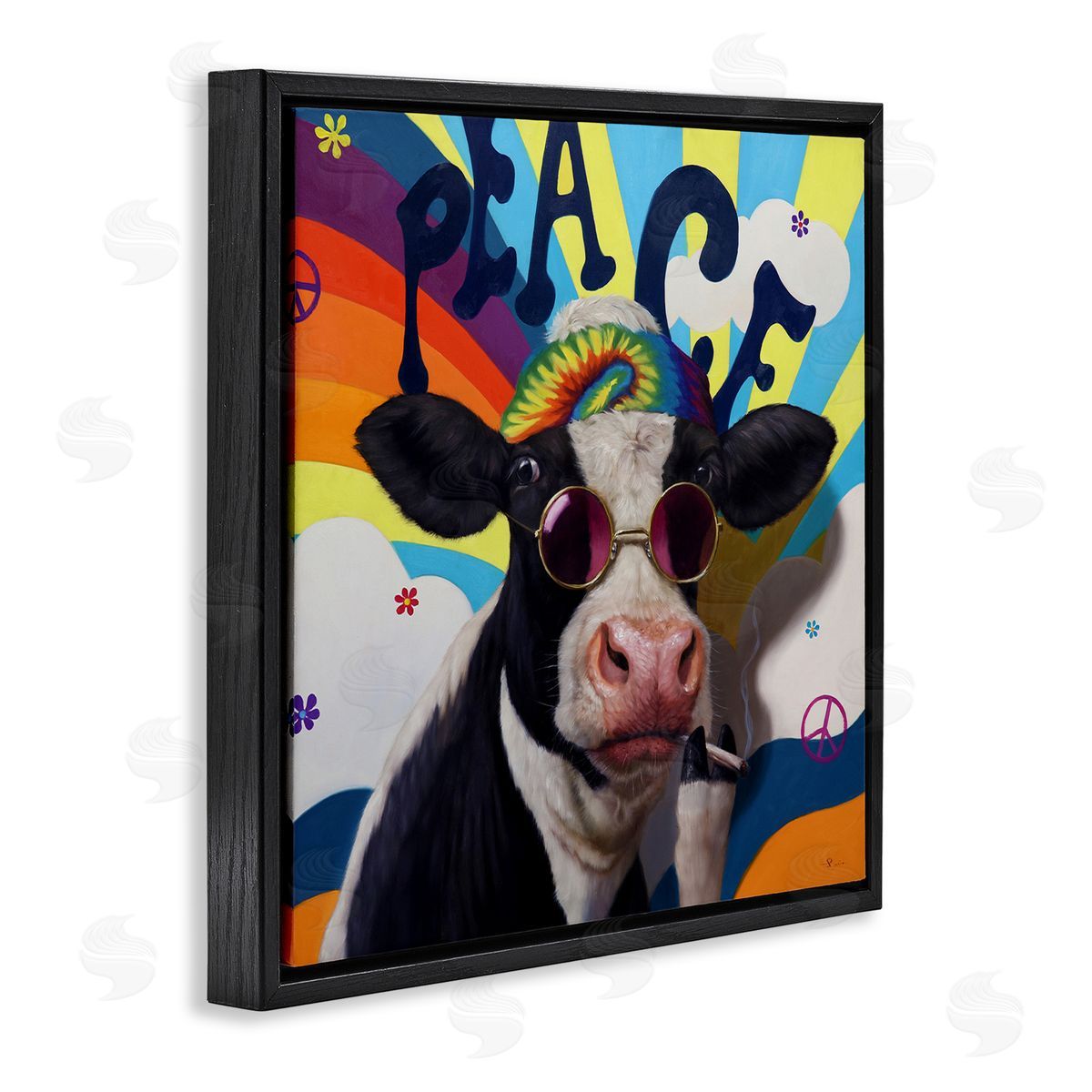 Lucia Heffernan Peace 70s Hippie Cow  Black Floating Frame Canvas Wall Art Print