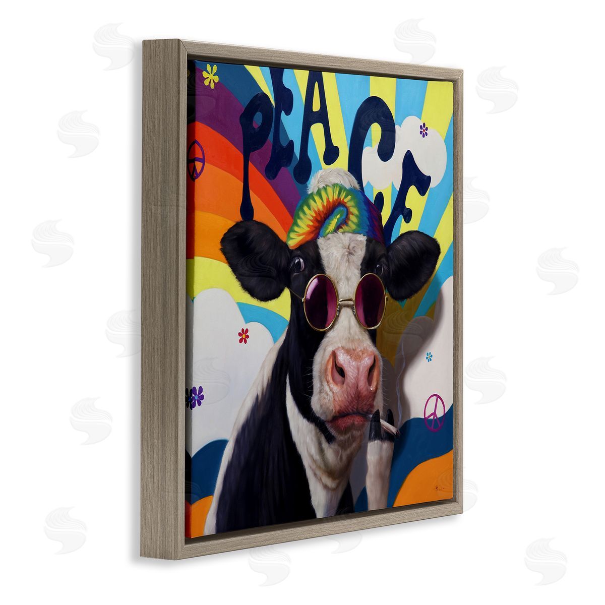 Lucia Heffernan Peace 70s Hippie Cow  Brown Floating Frame Canvas Wall Art Print